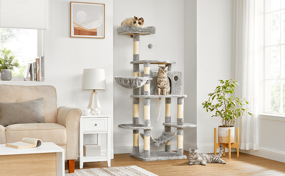 Ansamblu de joaca pentru pisici FEANDREA, cu culcus, hamac si ascunzatoare, 164 cm, gri deschis