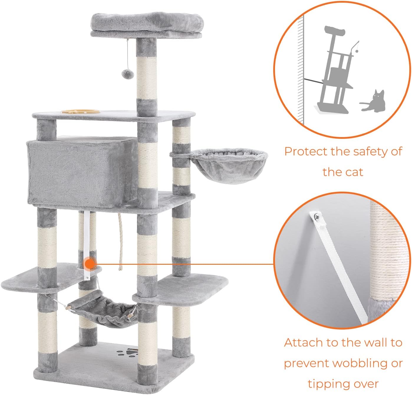 Ansamblu de joaca pentru pisici FEANDREA, cu culcus, hamac si ascunzatoare, 164 cm, gri deschis