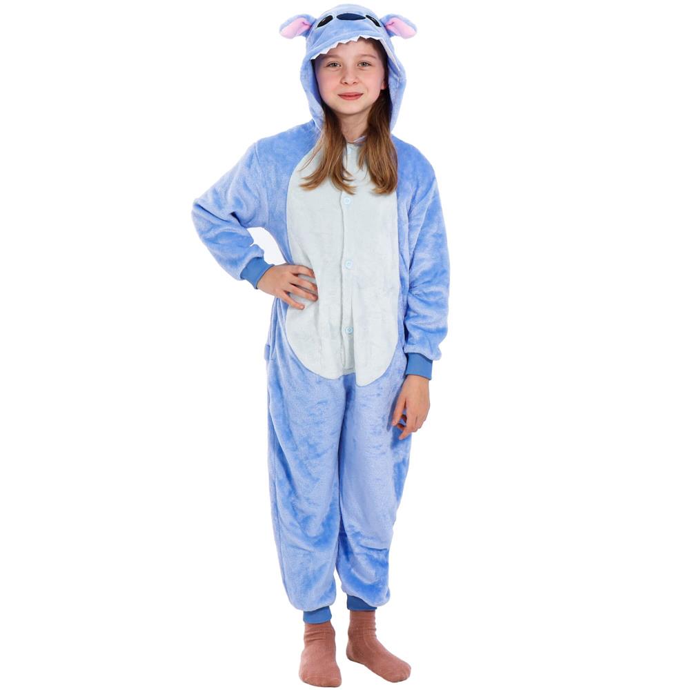 Pijama salopeta pentru copii Stitch, pufoasa cu gluga, 120-130 cm