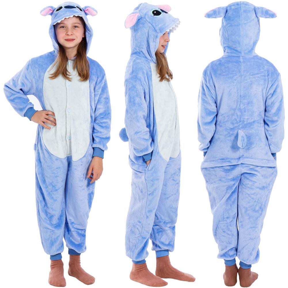 Pijama salopeta pentru copii Stitch, pufoasa cu gluga, 120-130 cm