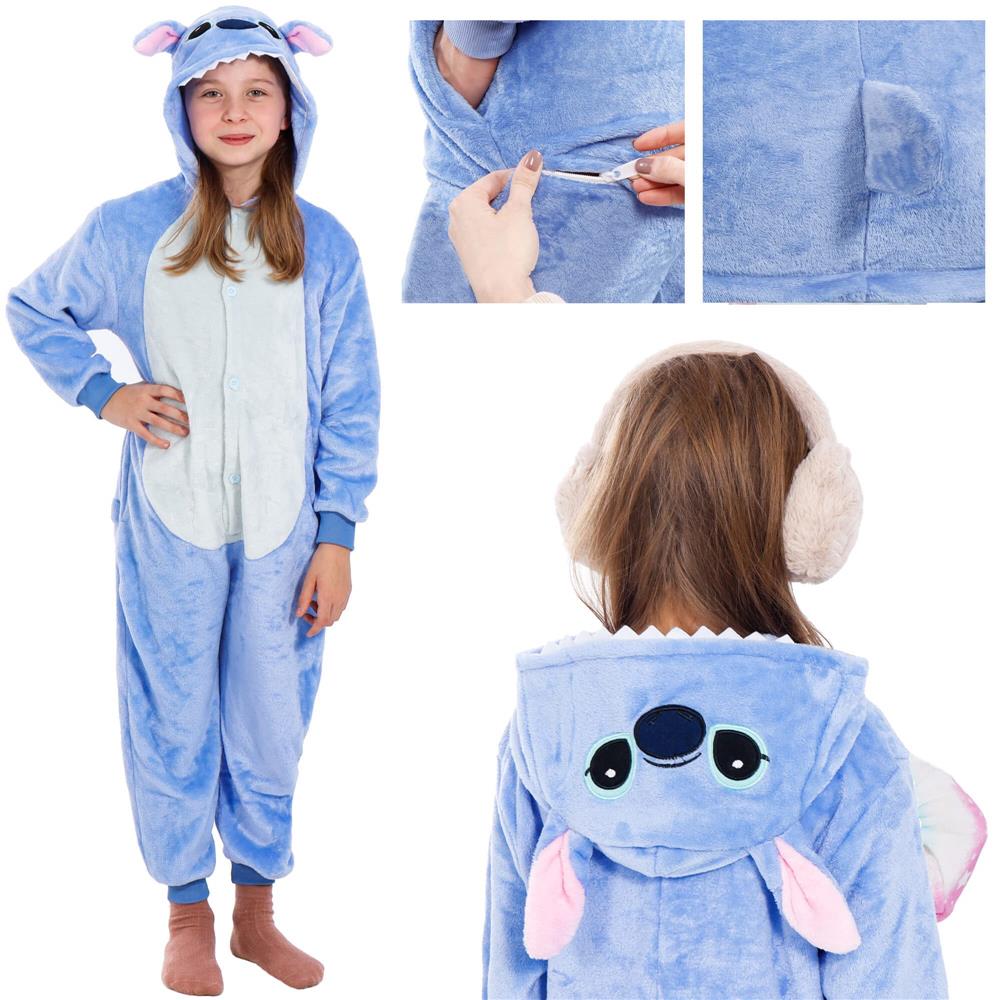 Pijama salopeta pentru copii Stitch, pufoasa cu gluga, 120-130 cm