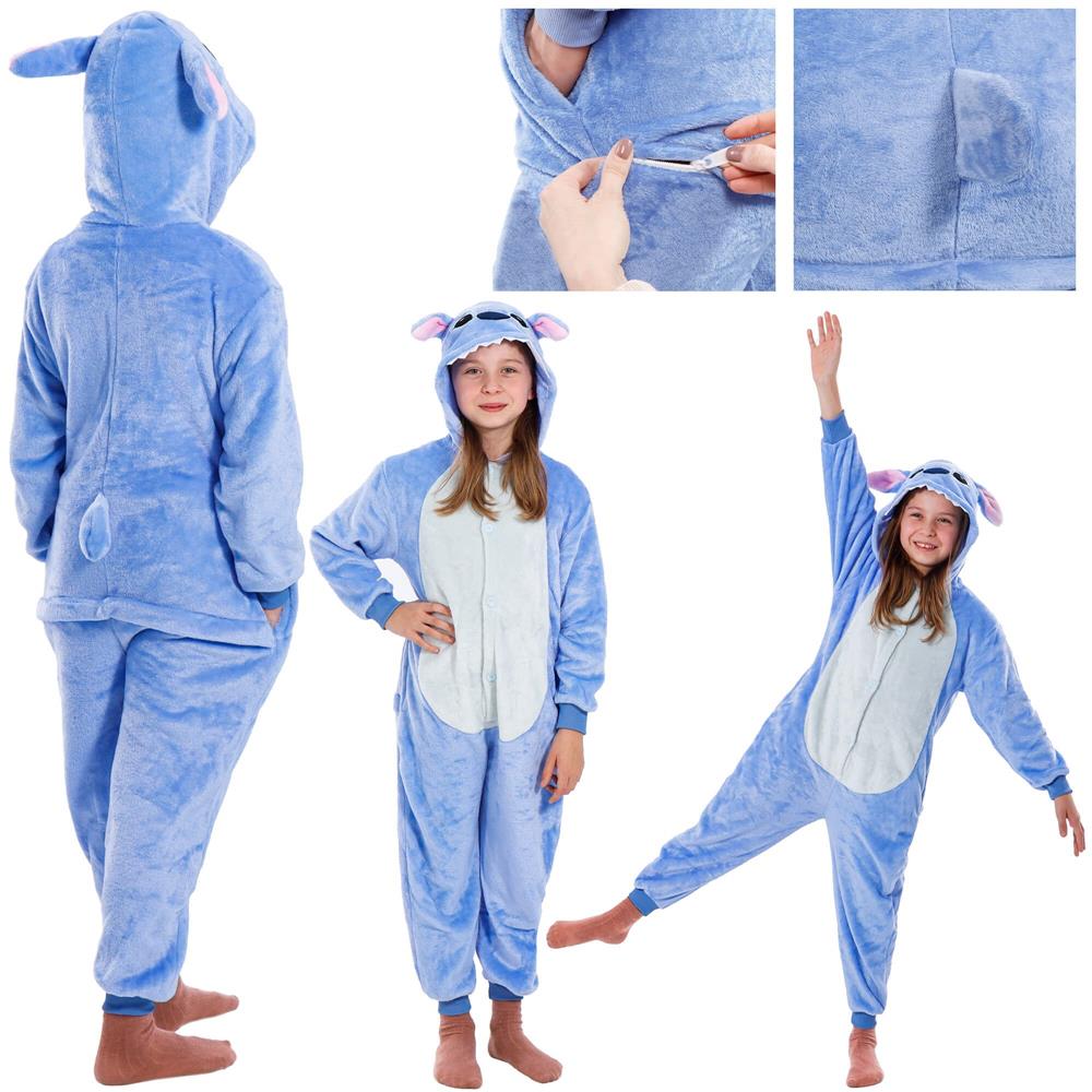 Pijama salopeta pentru copii Stitch, pufoasa cu gluga, 120-130 cm