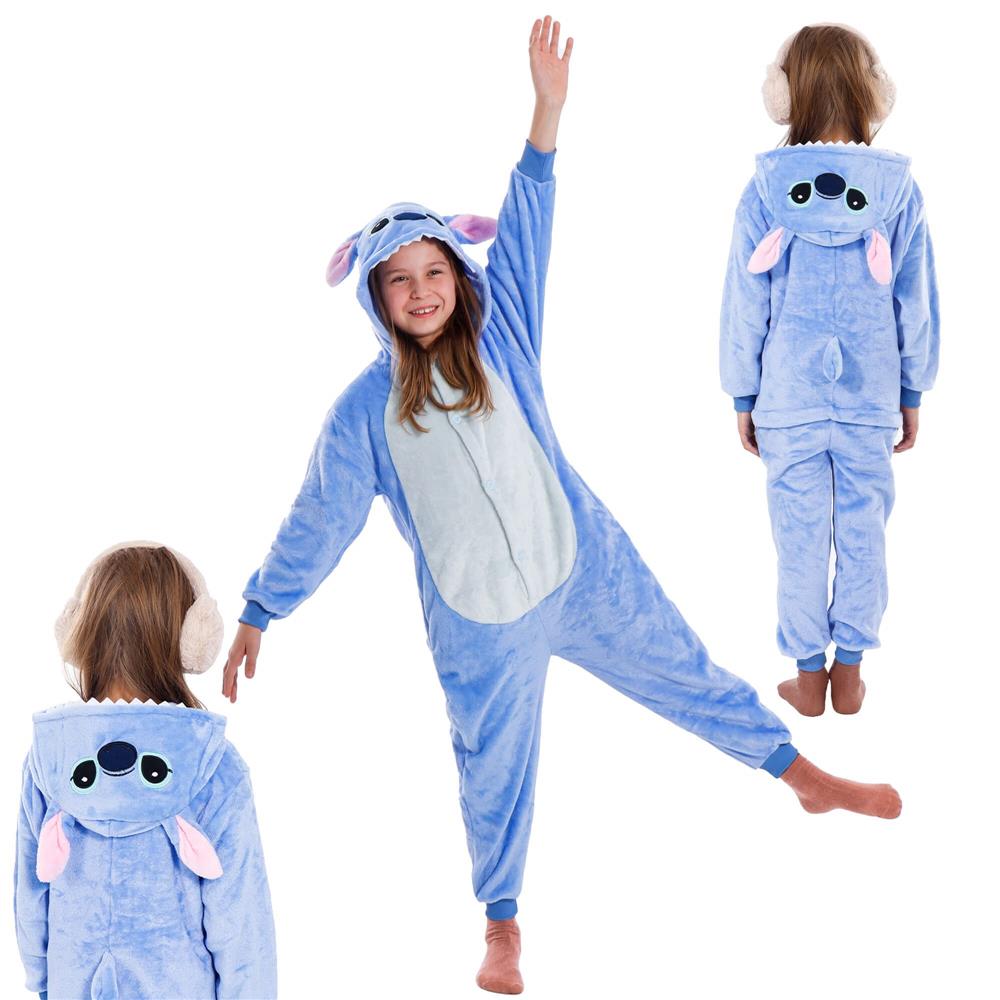 Pijama salopeta pentru copii Stitch, pufoasa cu gluga, 120-130 cm