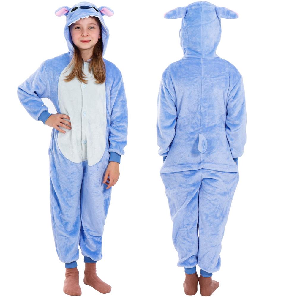 Pijama salopeta pentru copii Stitch, pufoasa cu gluga, 120-130 cm