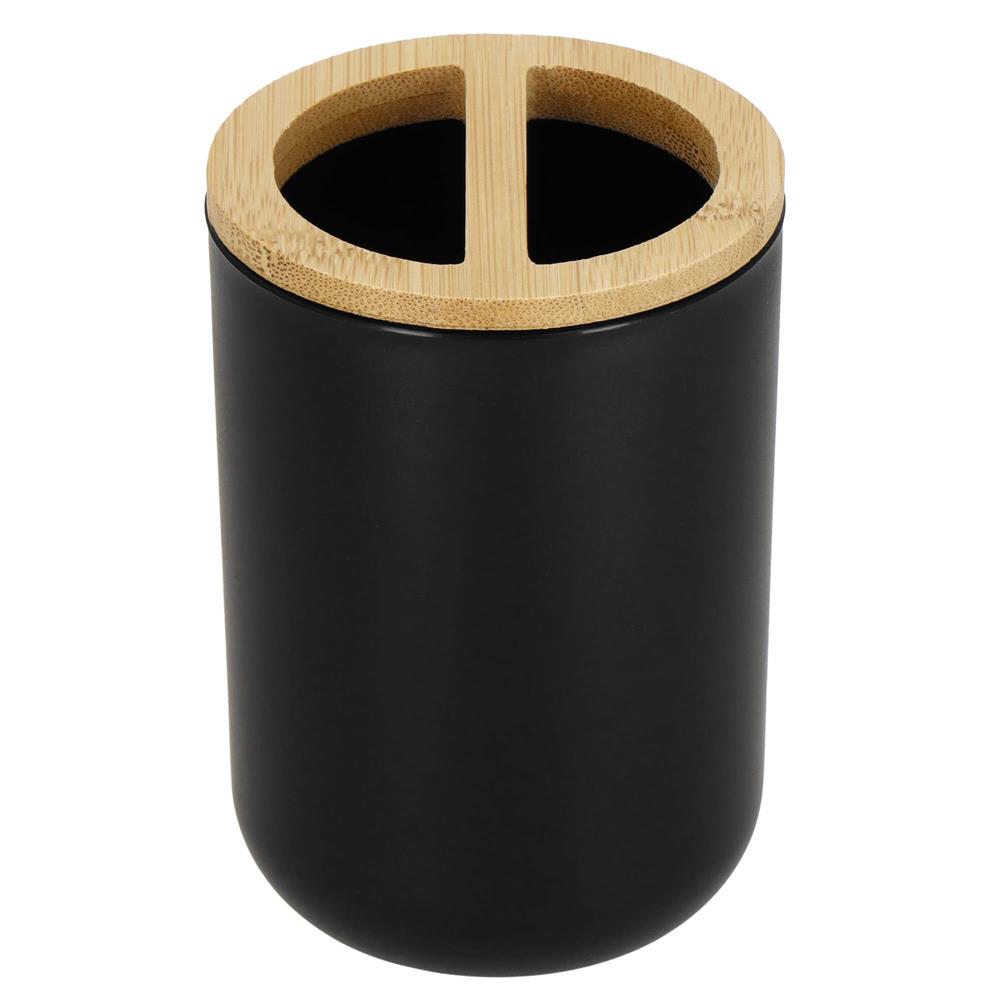 Set accesorii baie 6 piese, negru mat cu bambus, design rotund