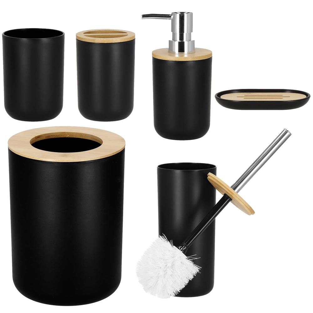 Set accesorii baie 6 piese, negru mat cu bambus, design rotund