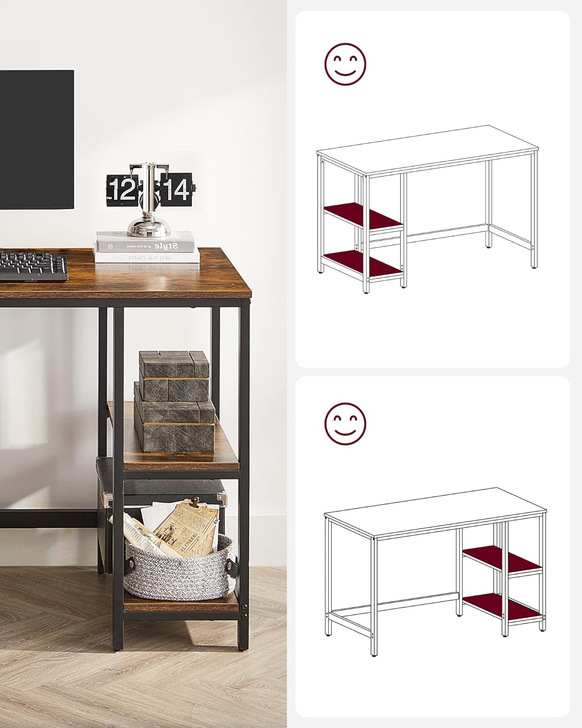 Birou VASAGLE industrial cu 2 rafturi reversibile, 120x60 cm