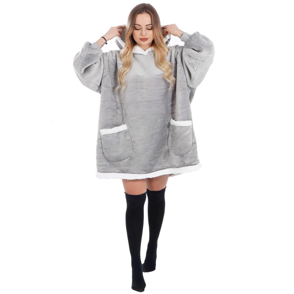 Pătură hanorac gri cu glugă, mâneci și buzunare, marime universală