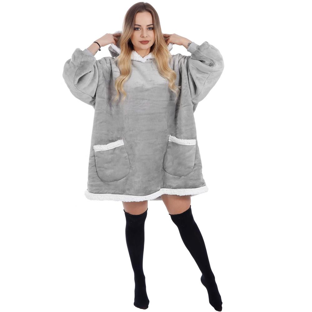 Pătură hanorac gri cu glugă, mâneci și buzunare, marime universală