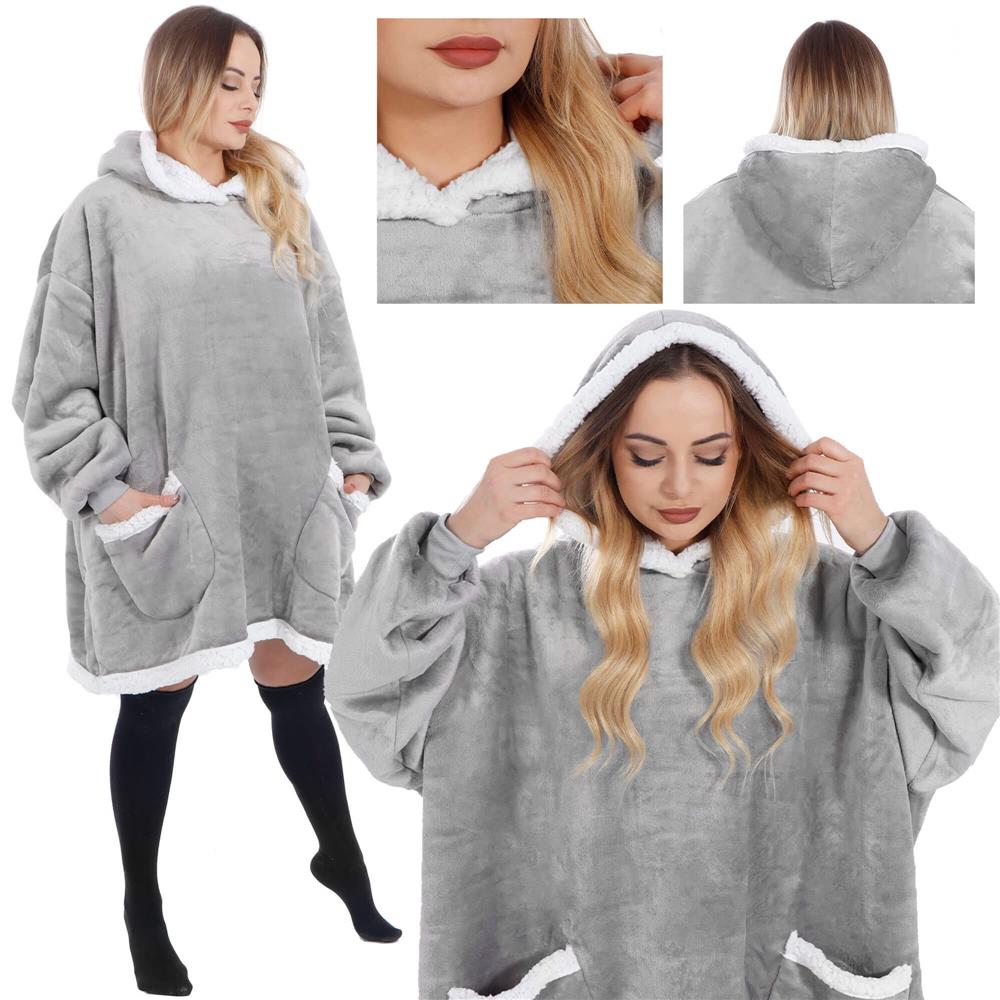 Pătură hanorac gri cu glugă, mâneci și buzunare, marime universală