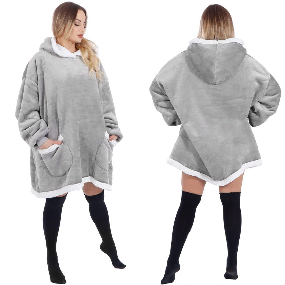 Pătură hanorac gri cu glugă, mâneci și buzunare, marime universală