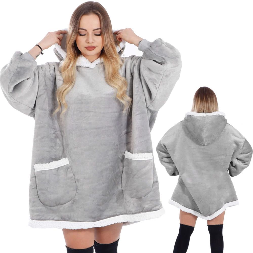 Pătură hanorac gri cu glugă, mâneci și buzunare, marime universală
