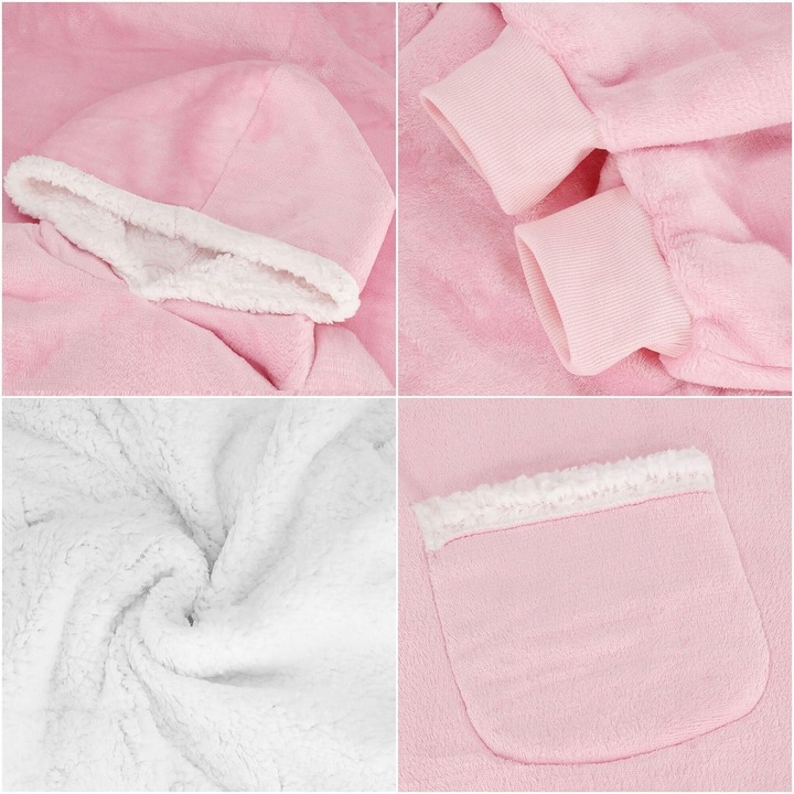 Patura hanorac pufoasa roz cu gluga, maneci si buzunare, universala