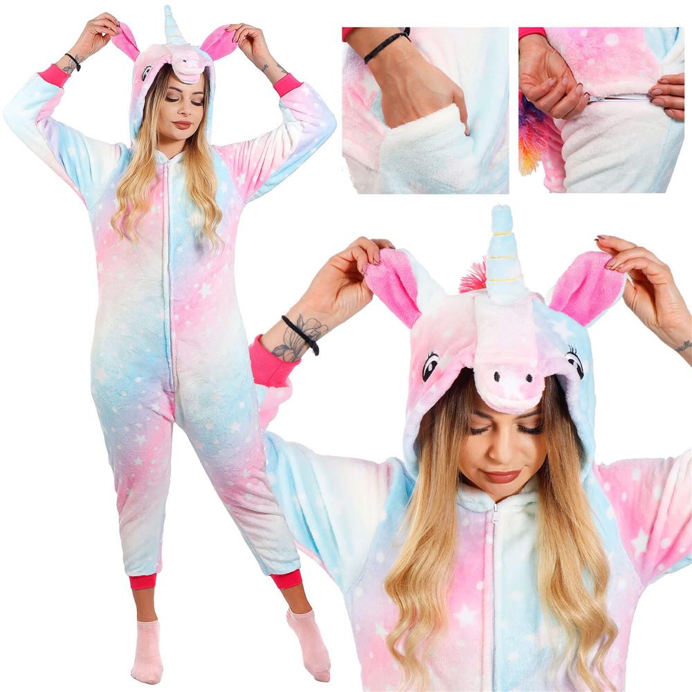 Pijama salopetă damă unicorn pufoasă cu glugă și fermoar, mărimea S