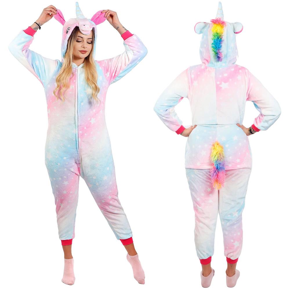 Pijama salopetă damă unicorn pufoasă cu glugă și fermoar, mărimea S