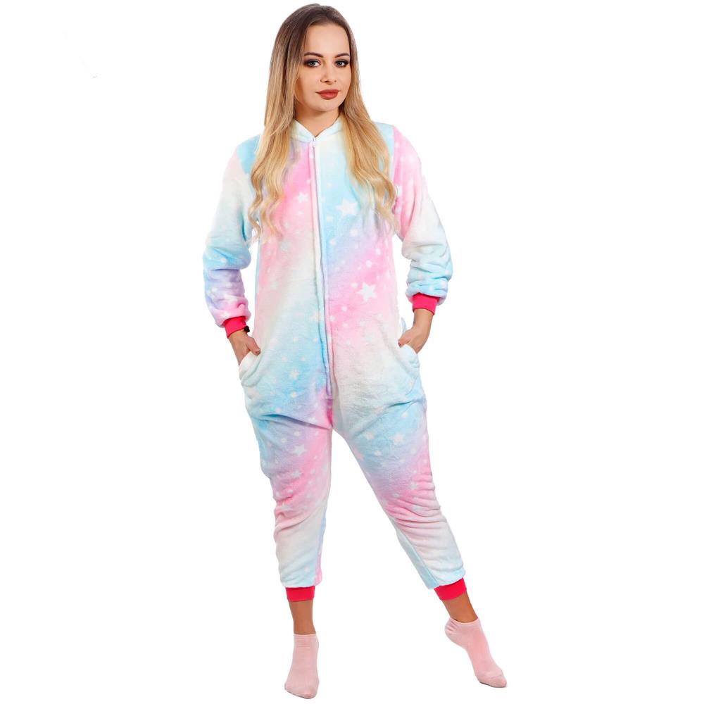 Pijama salopetă damă unicorn pufoasă cu glugă și fermoar, mărimea S