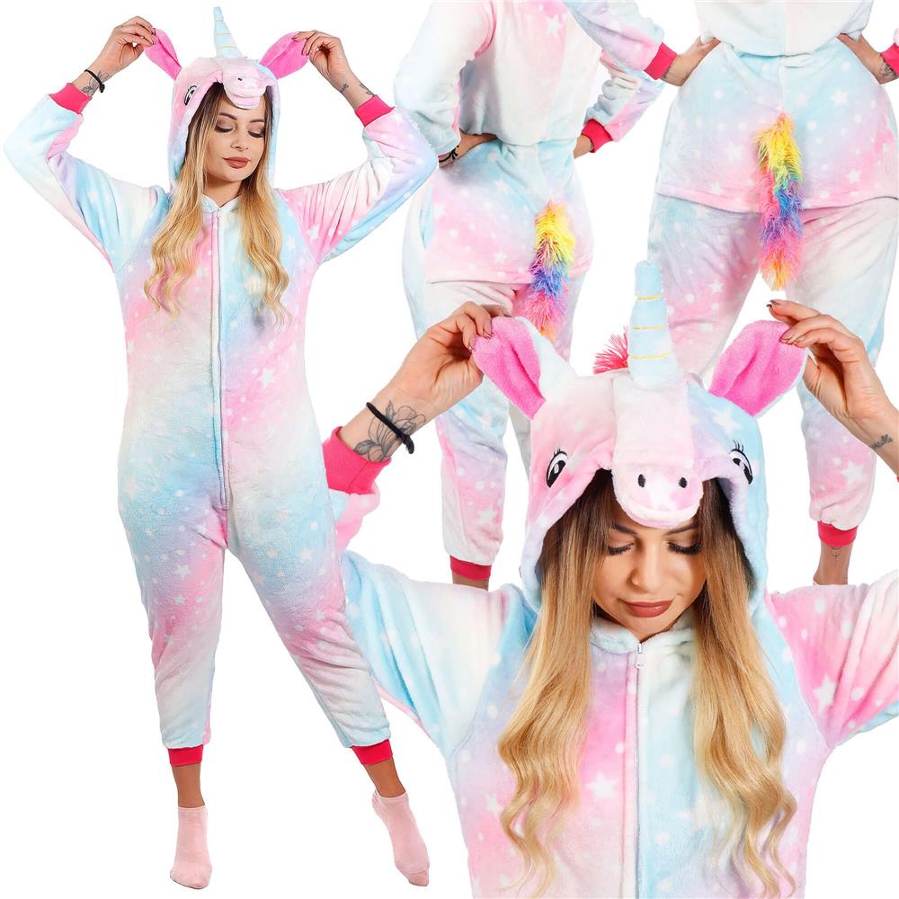 Pijama salopetă damă unicorn pufoasă cu glugă și fermoar, mărimea S
