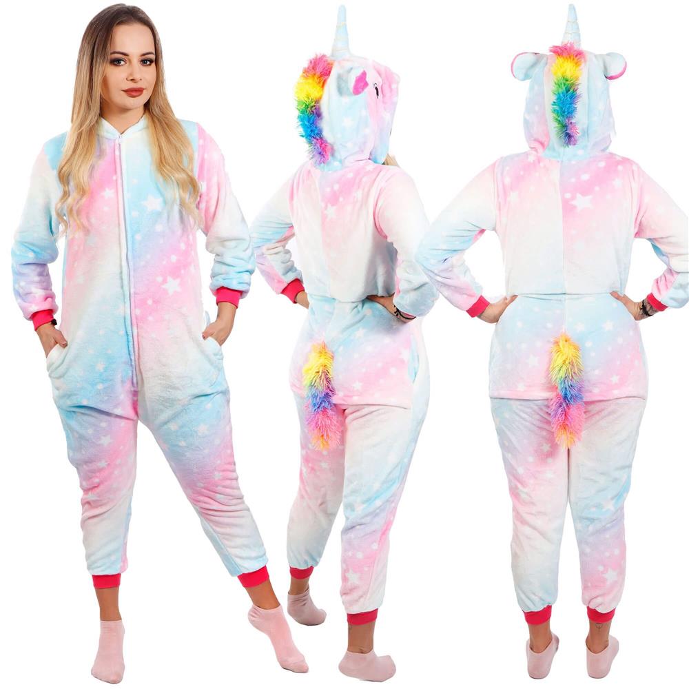 Pijama salopetă damă unicorn pufoasă cu glugă și fermoar, mărimea S