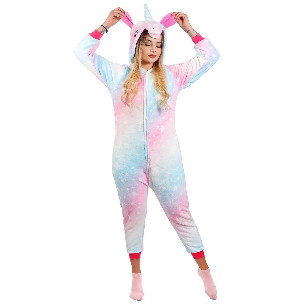 Pijama salopetă damă unicorn pufoasă cu glugă și fermoar, mărimea S