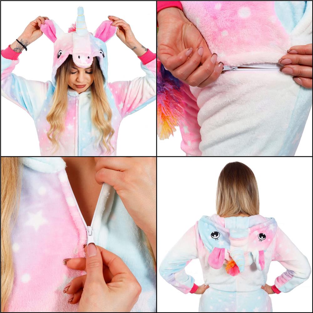 Pijama salopetă damă unicorn pufoasă cu glugă și fermoar, mărimea S
