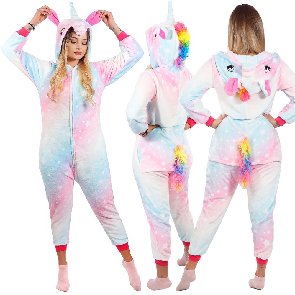Pijama salopetă damă unicorn pufoasă cu glugă și fermoar, mărimea S