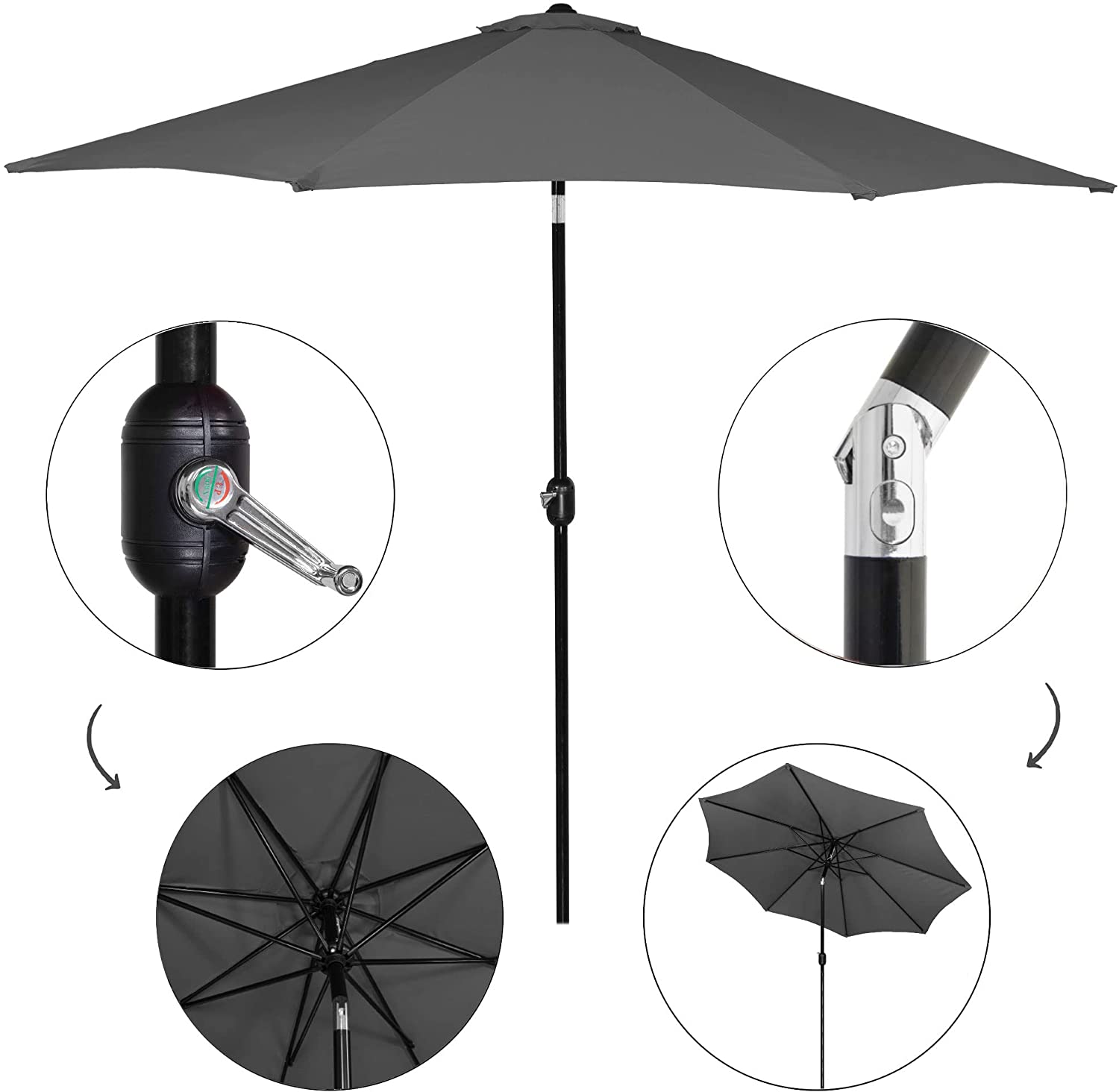 Umbrela terasa gradina, cu manivela si inclinare, GU200, diametru 300cm, gri antracit