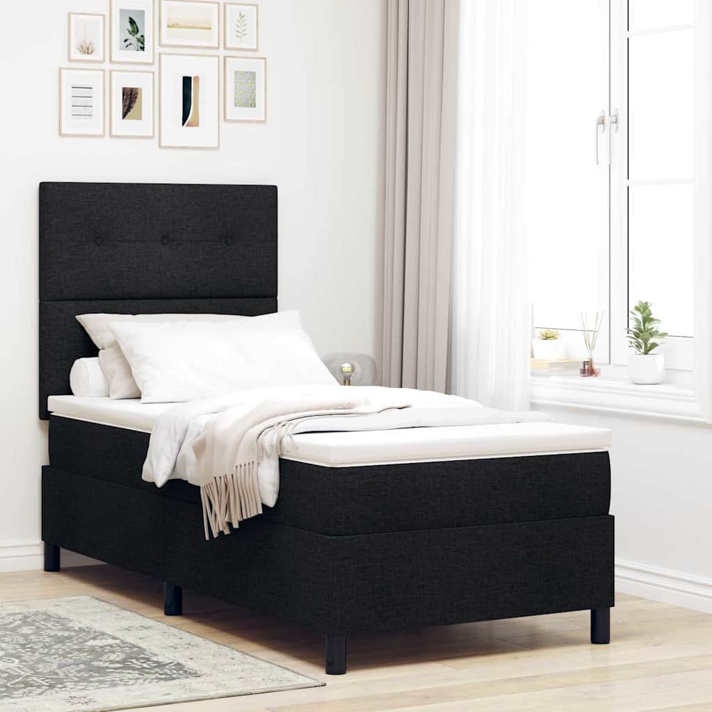 Pat cu arcuri cu saltea cu headboard Negru 90 x 200 cm țesătură GartenMobel Dekor