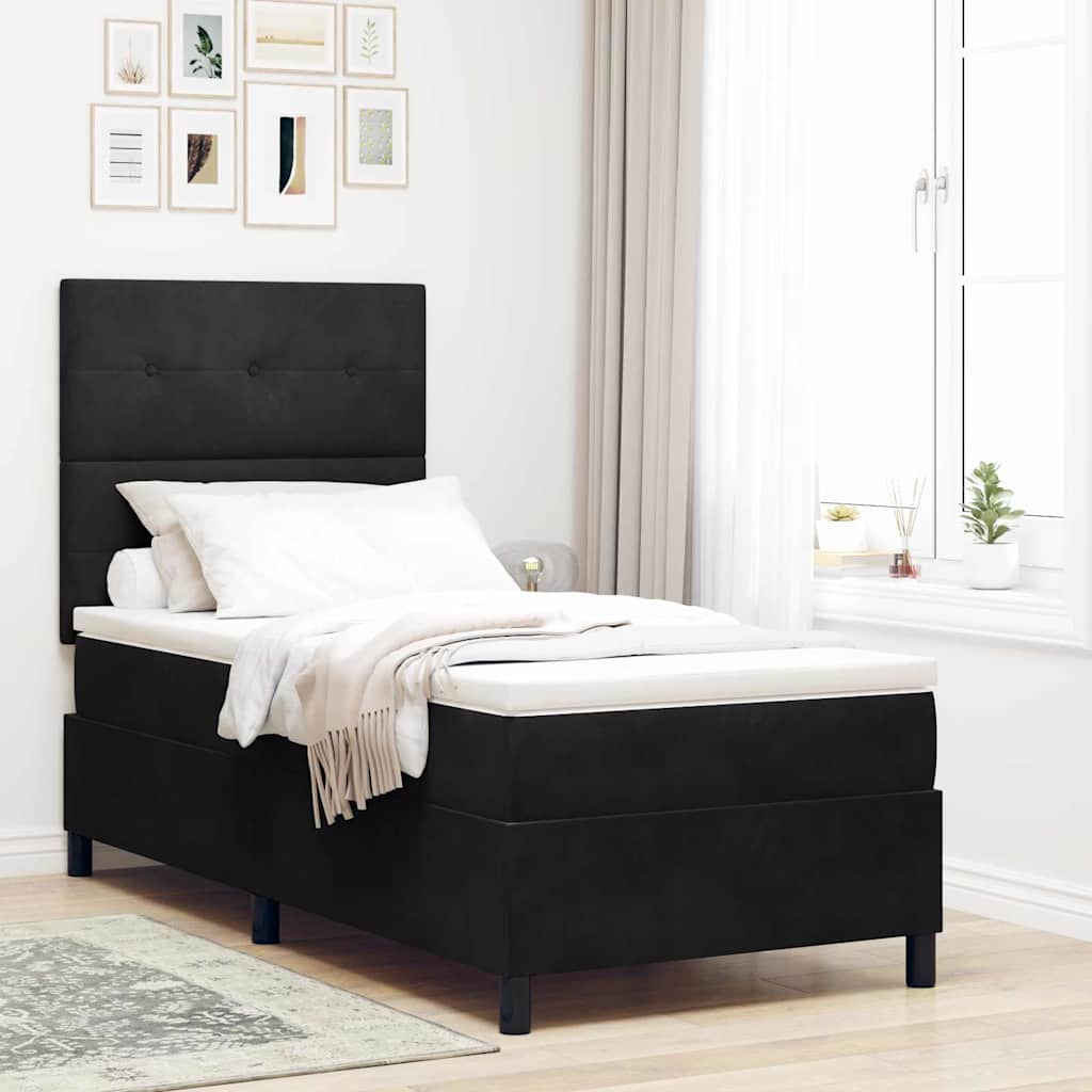Pat cu arcuri cu saltea cu headboard Negru 100 x 200 cm Catifea GartenMobel Dekor