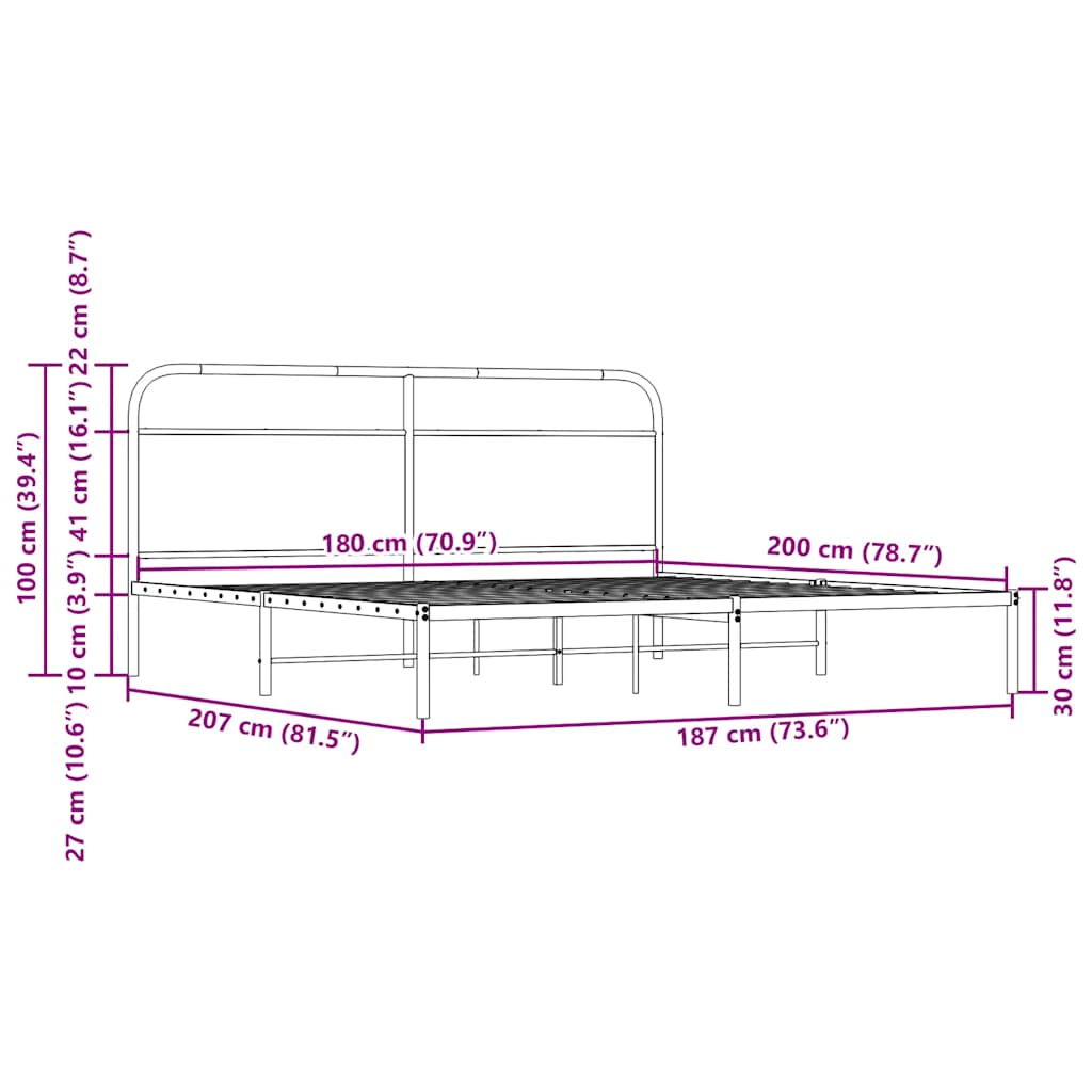 Cadru pat metalic fără saltea, stejar fumuriu, 180x200 cm GartenMobel Dekor