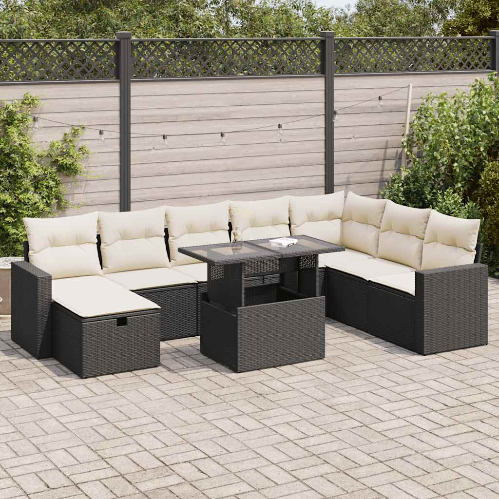 Set mobilier de grădină cu perne, 9 piese, negru, poliratan GartenMobel Dekor