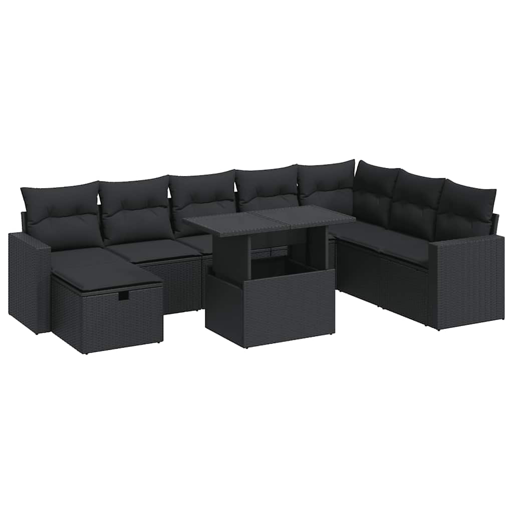 Set mobilier de grădină cu perne, 9 piese, negru, poliratan GartenMobel Dekor