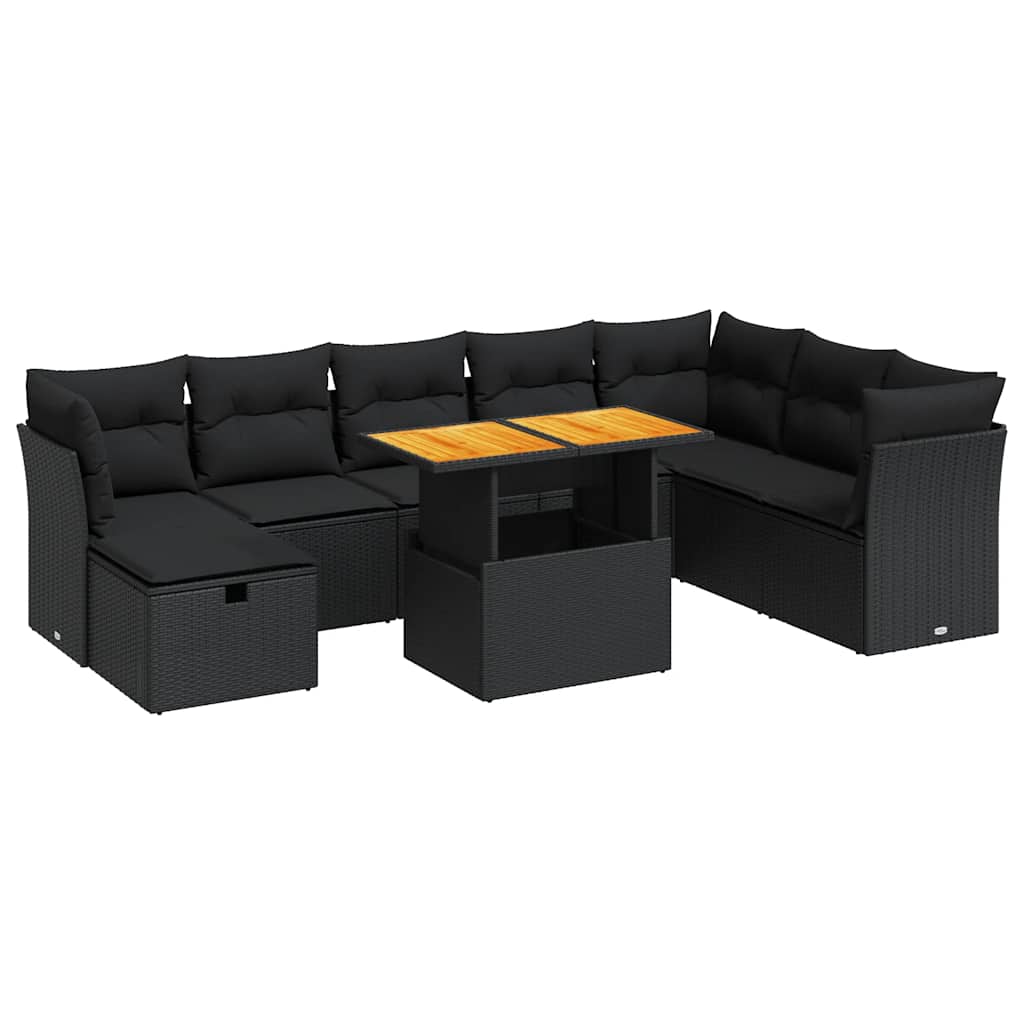 Set mobilier grădină perne 9 piese negru poliratan/lemn acacia GartenMobel Dekor