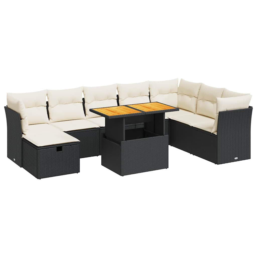 Set mobilier grădină perne 9 piese negru poliratan/lemn acacia GartenMobel Dekor