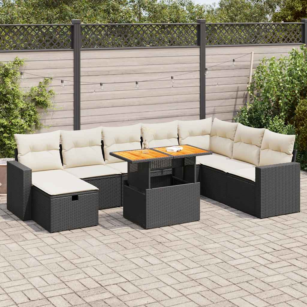 Set mobilier grădină perne 9 piese negru poliratan/lemn acacia GartenMobel Dekor