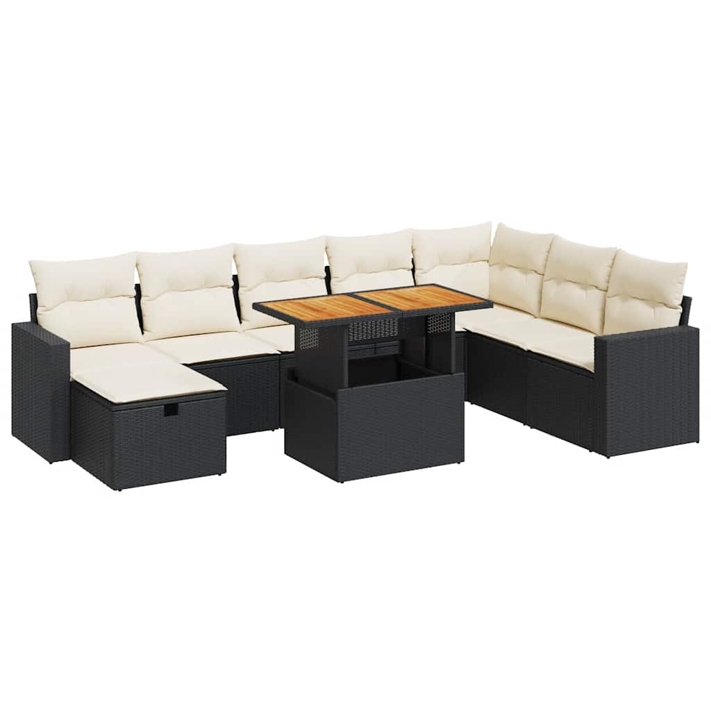 Set mobilier grădină perne 9 piese negru poliratan/lemn acacia GartenMobel Dekor