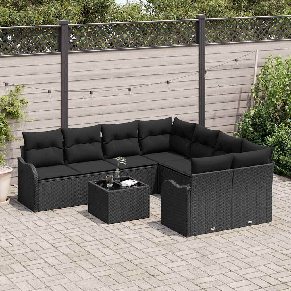 Set de canapele pentru grădină cu pernă 9 pcs Negru poliratan GartenMobel Dekor