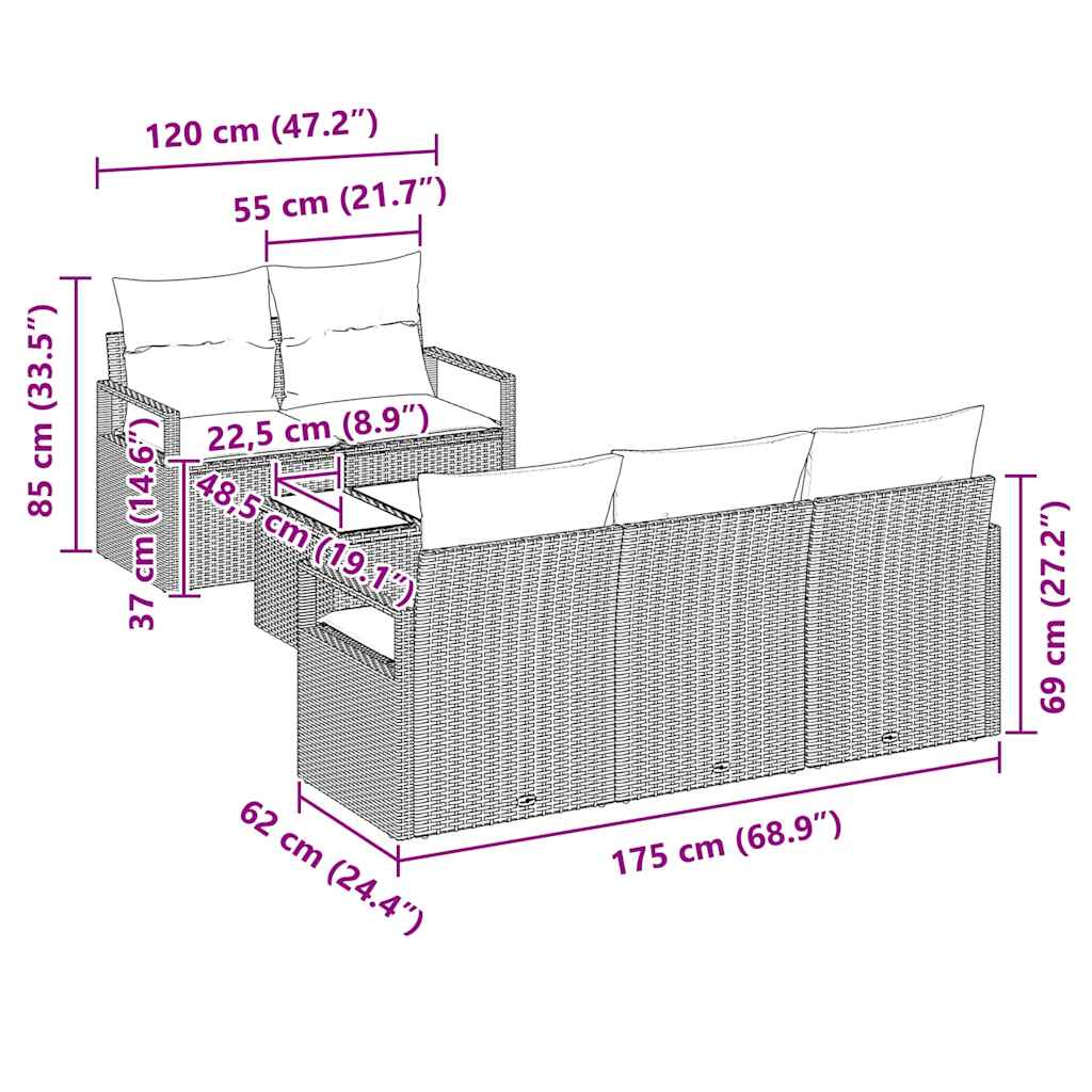Set de canapea cu pernă Manual 6 pcs Maro și Crem poliratan GartenMobel Dekor