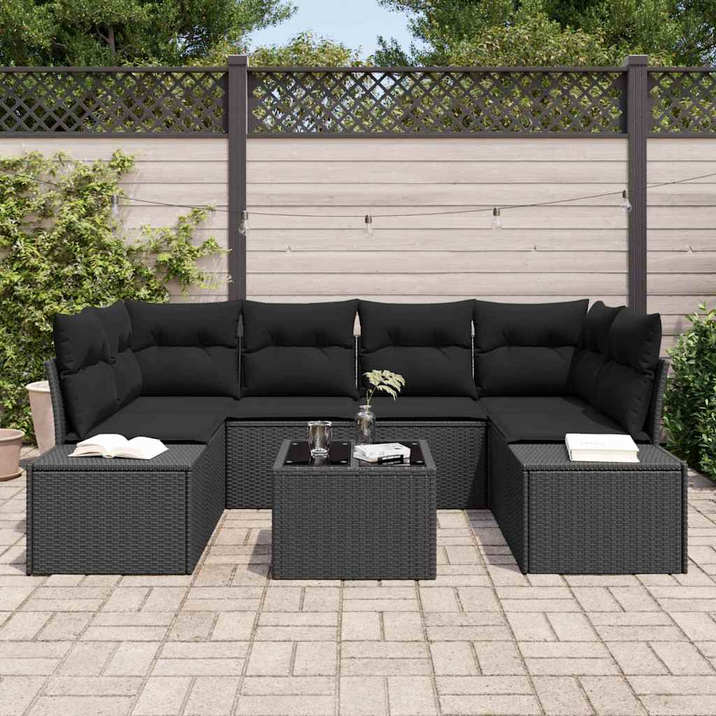 Set de canapele pentru grădină cu pernă 7 pcs Negru poliratan GartenMobel Dekor