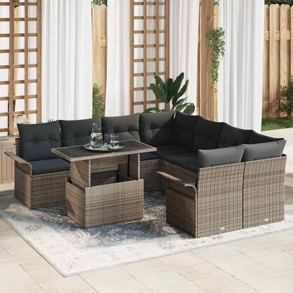 Set de canapele pentru grădină cu pernă 9 pcs Gri poliratan GartenMobel Dekor