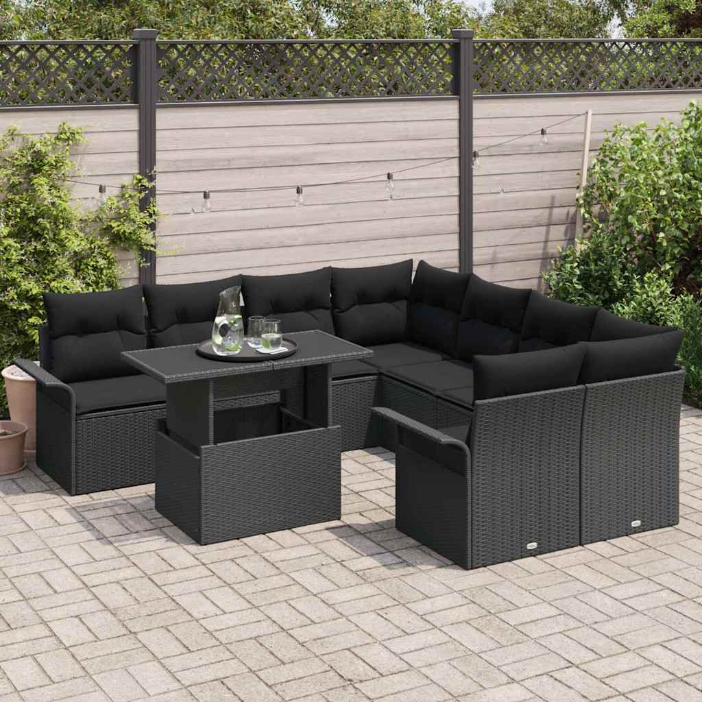 Set de canapele pentru grădină cu pernă 9 pcs Negru Rattan poli GartenMobel Dekor