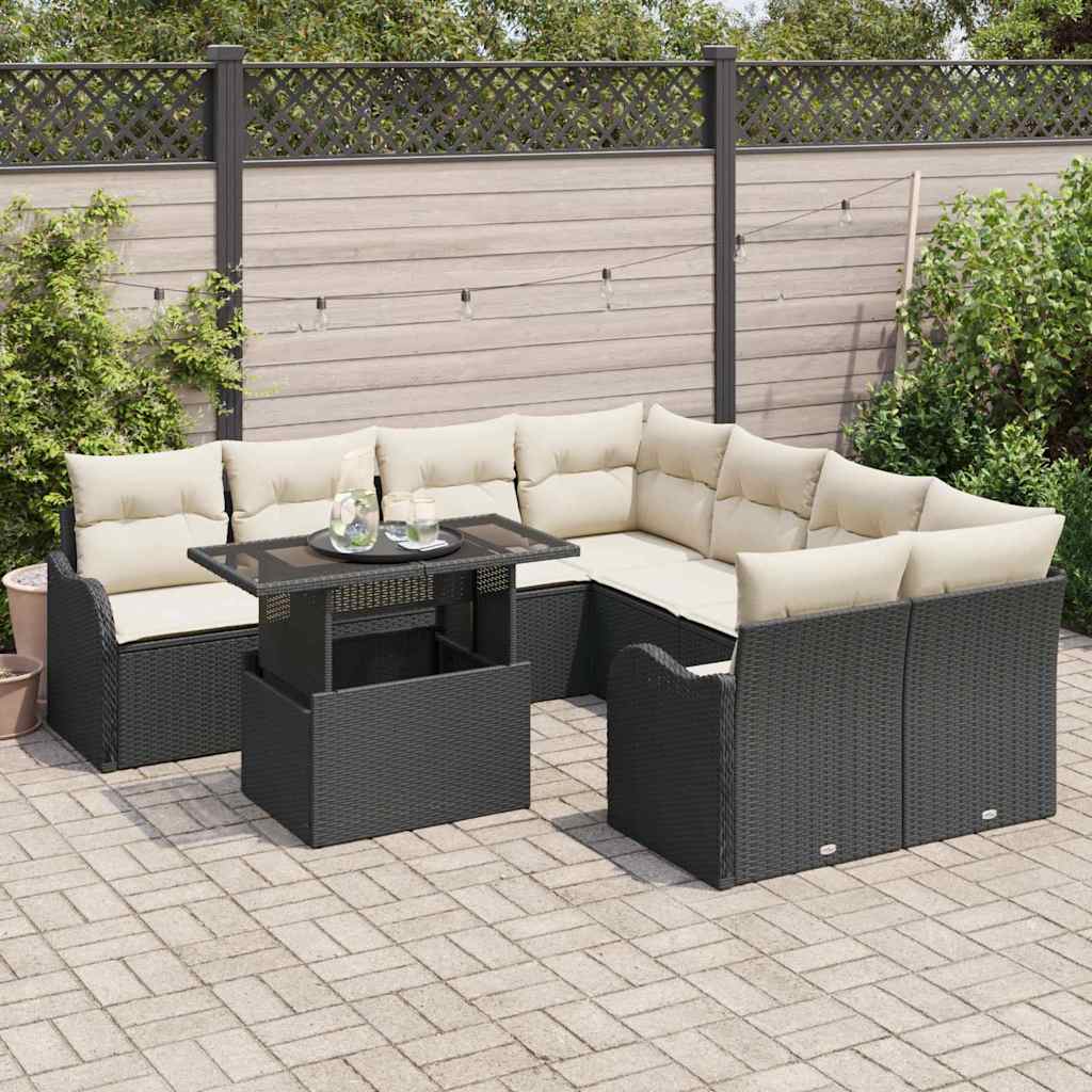 Set de canapele pentru grădină cu pernă 9 pcs Negru Rattan poli GartenMobel Dekor