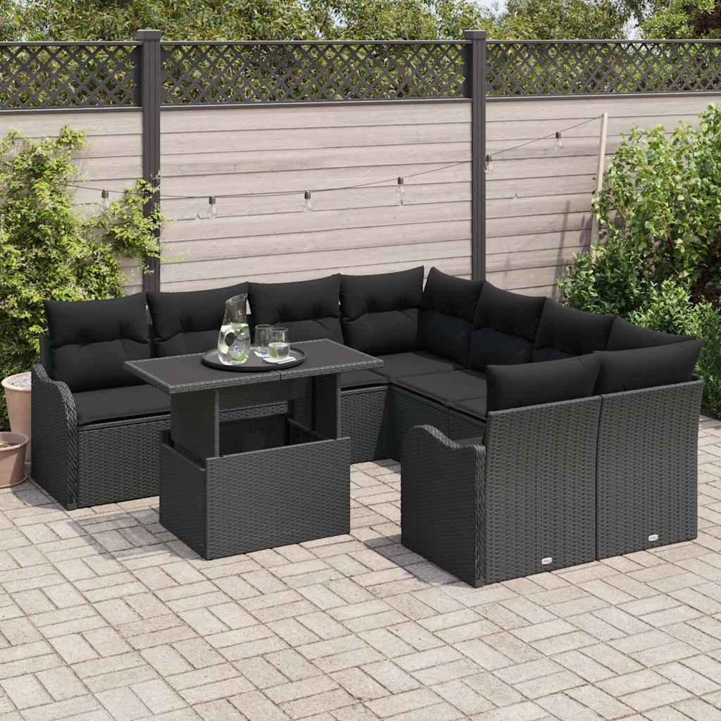 Set de canapele pentru grădină cu pernă 9 pcs Negru Rattan poli GartenMobel Dekor