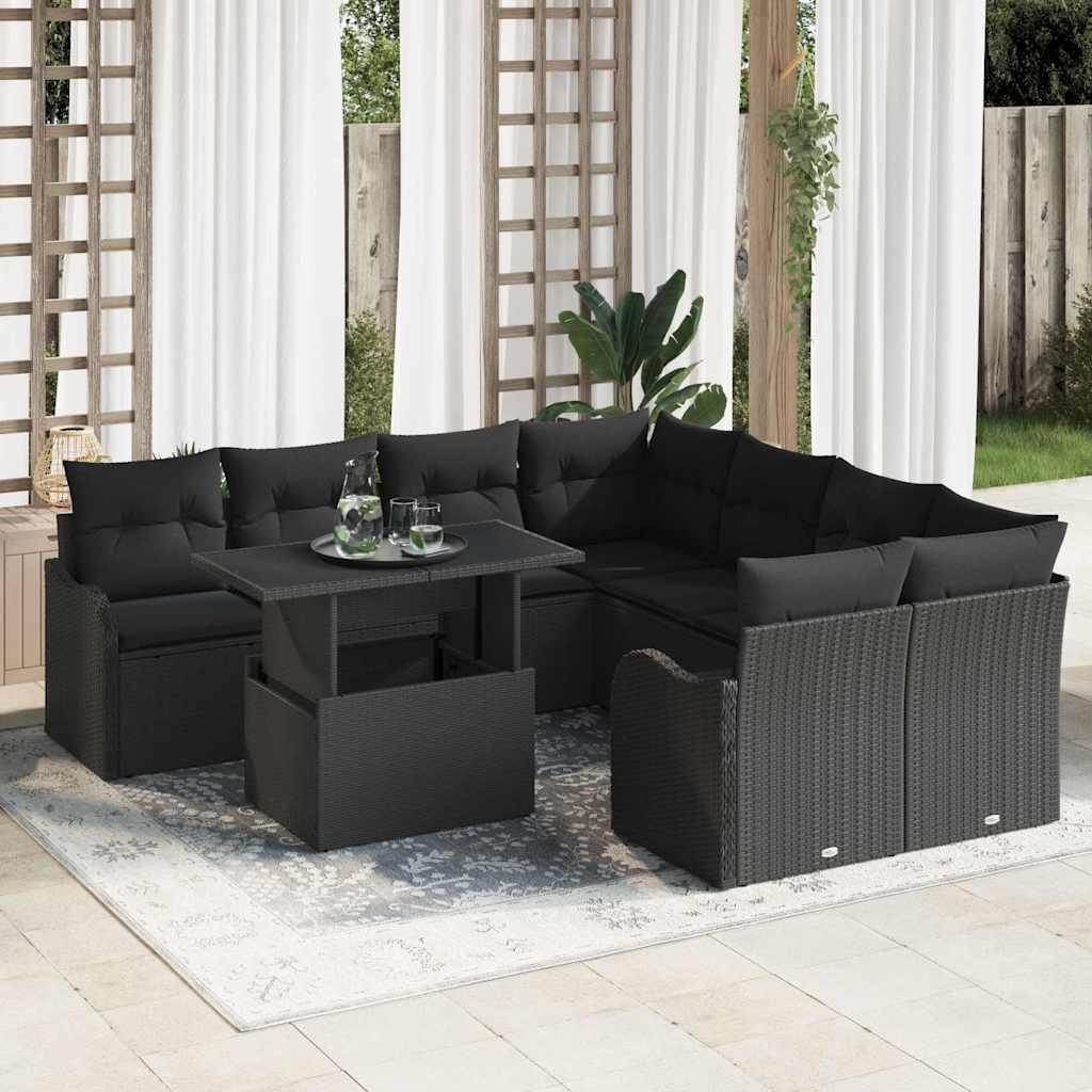 Set de canapele pentru grădină cu pernă 9 pcs Negru Rattan poli GartenMobel Dekor