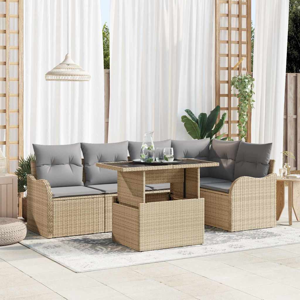 Set de dining cu pernă 6 pcs Bej Rattan poli GartenMobel Dekor