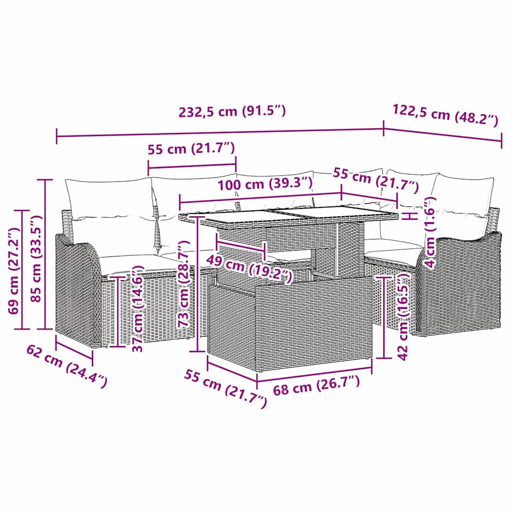 Set de dining cu pernă 6 pcs Gri deschis Rattan poli GartenMobel Dekor
