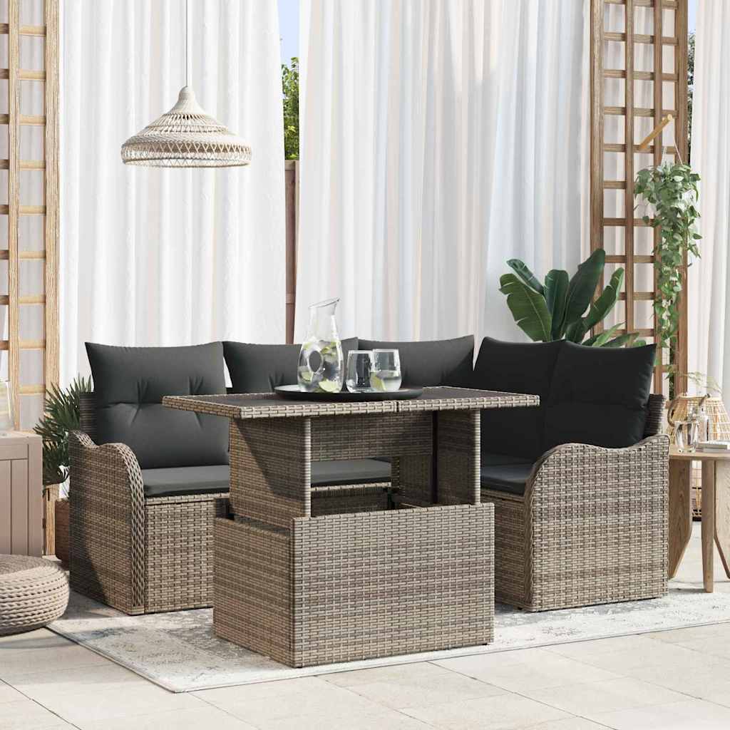 Set dining pentru exterior cu pernă 5 pcs Gri Rattan poli GartenMobel Dekor