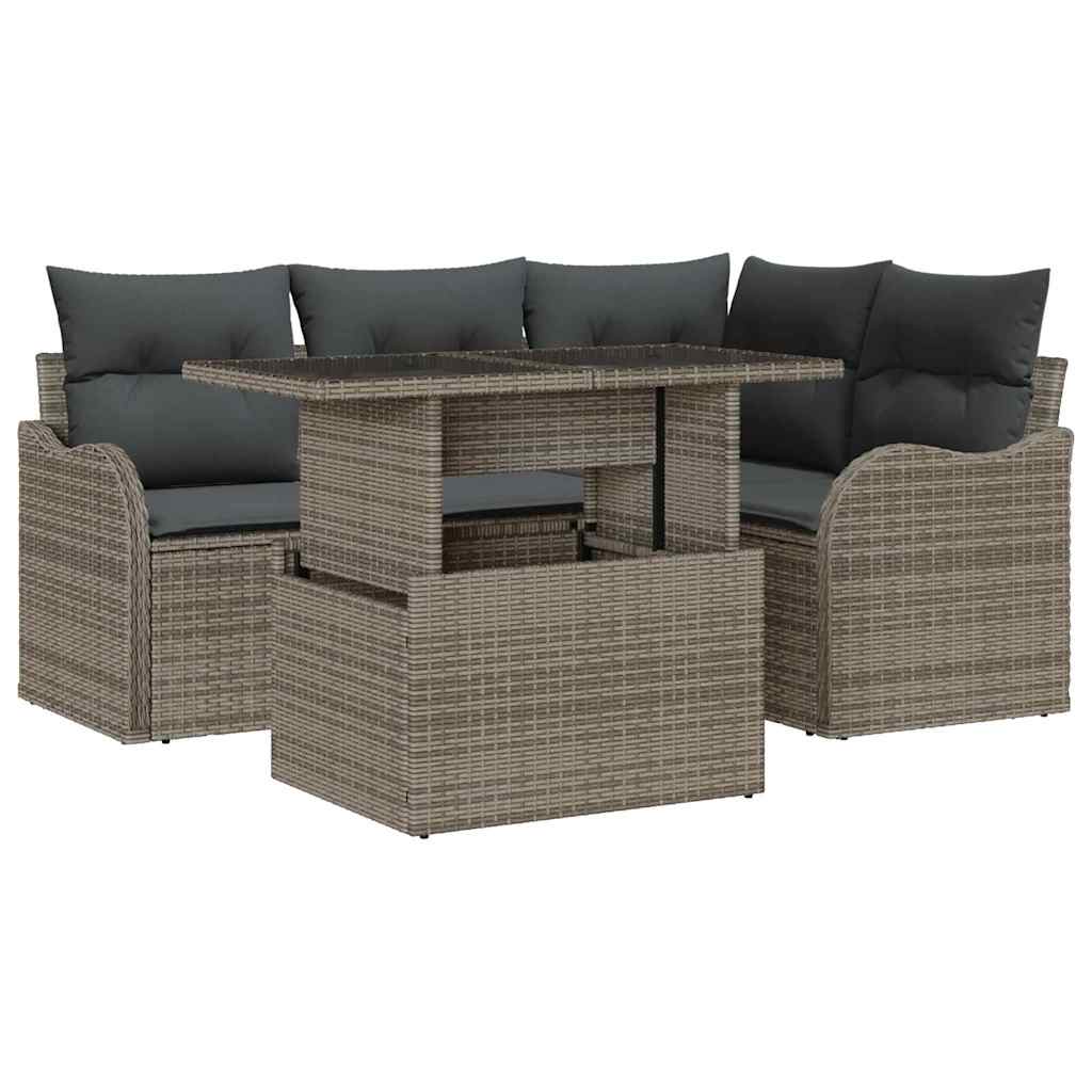 Set dining pentru exterior cu pernă 5 pcs Gri Rattan poli GartenMobel Dekor