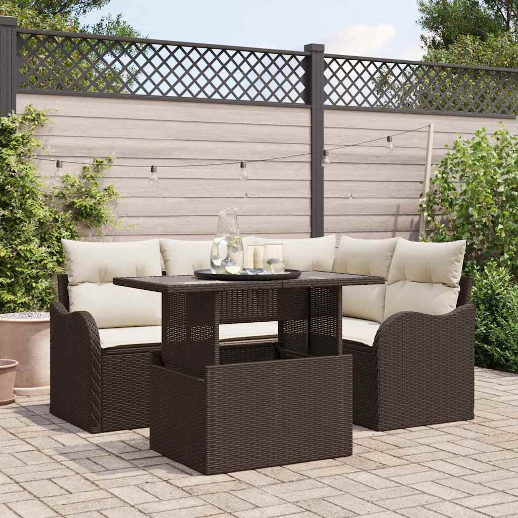 Set dining pentru exterior cu pernă 5 pcs Maro Rattan poli GartenMobel Dekor