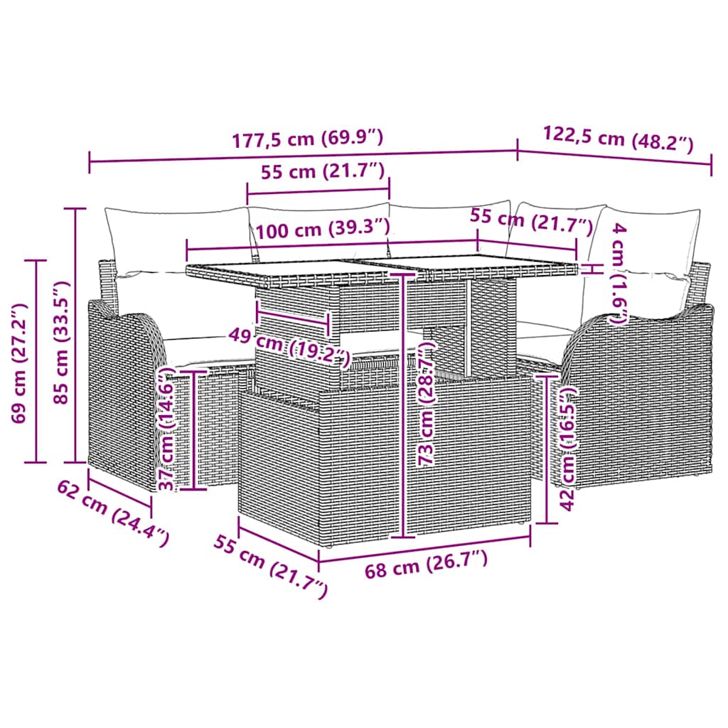 Set dining pentru exterior cu pernă 5 pcs Maro Rattan poli GartenMobel Dekor