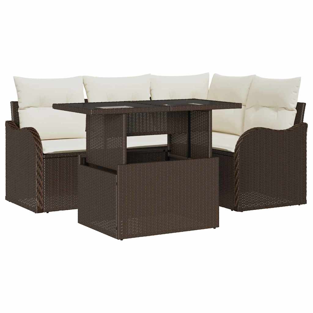 Set dining pentru exterior cu pernă 5 pcs Maro Rattan poli GartenMobel Dekor